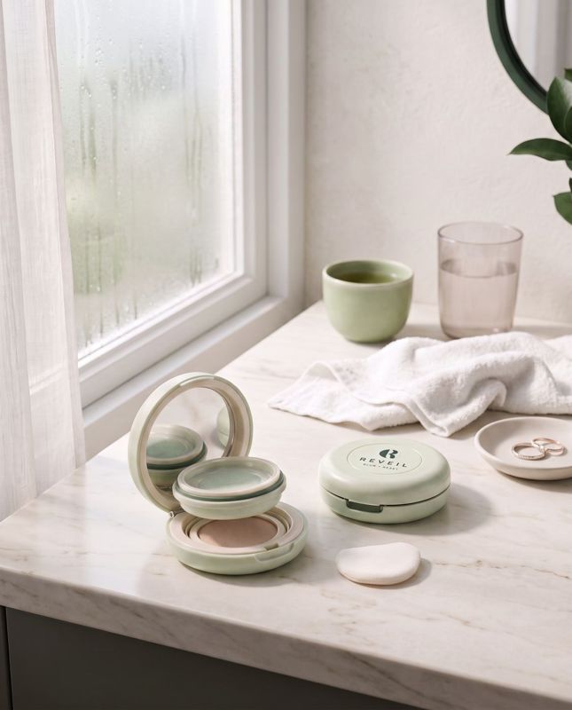 The Reveil compact open on a bathroom counter, showing both chambers