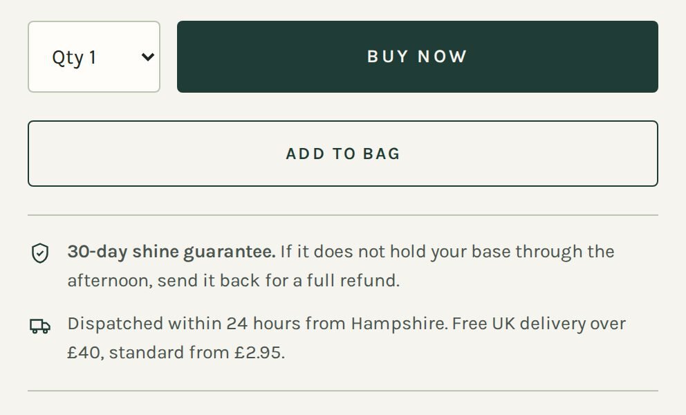 Buy Now and Add to Bag buttons with a 30-day shine guarantee and dispatch times underneath