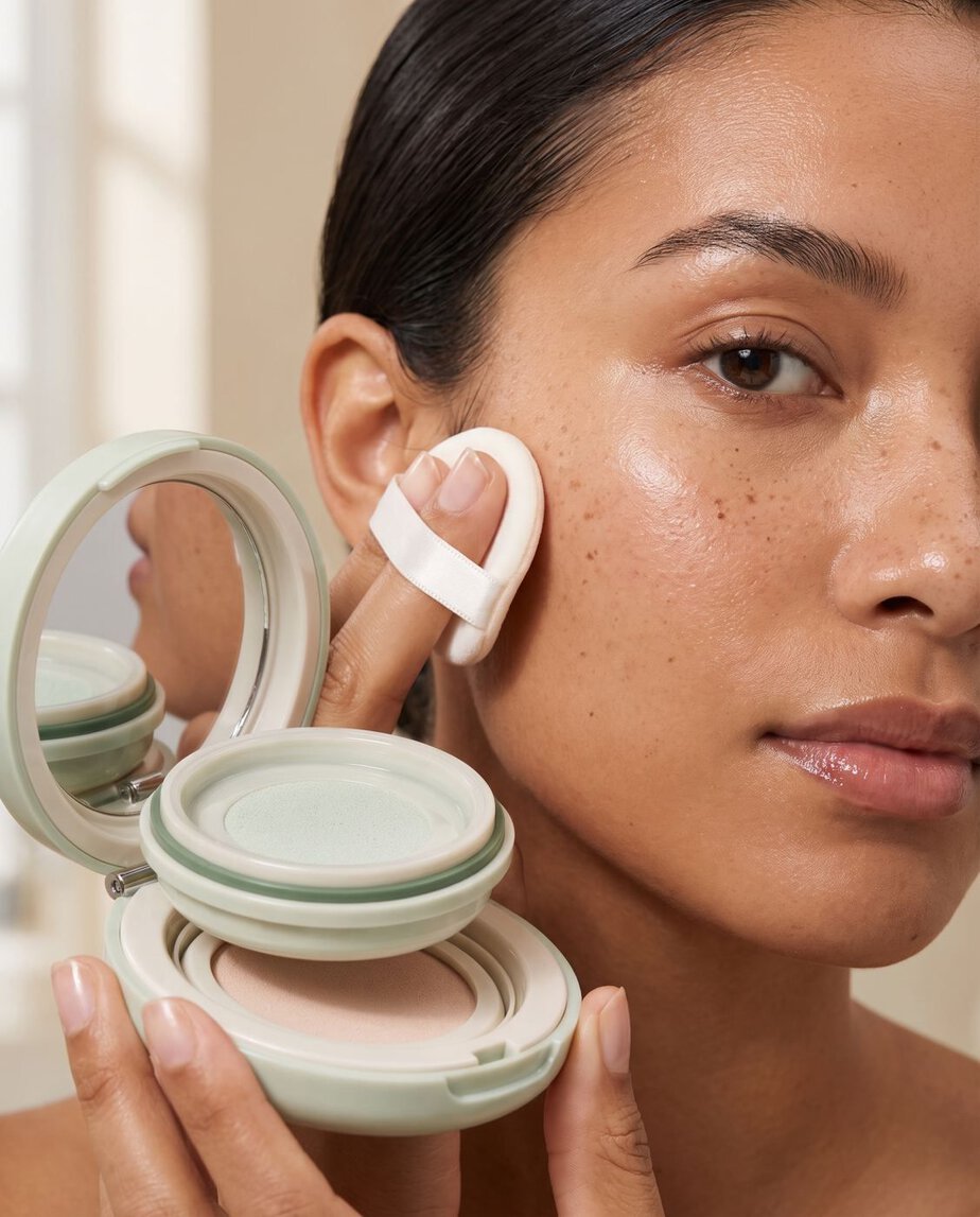 Model pressing the Reveil powder puff onto her cheek, compact open in her hand