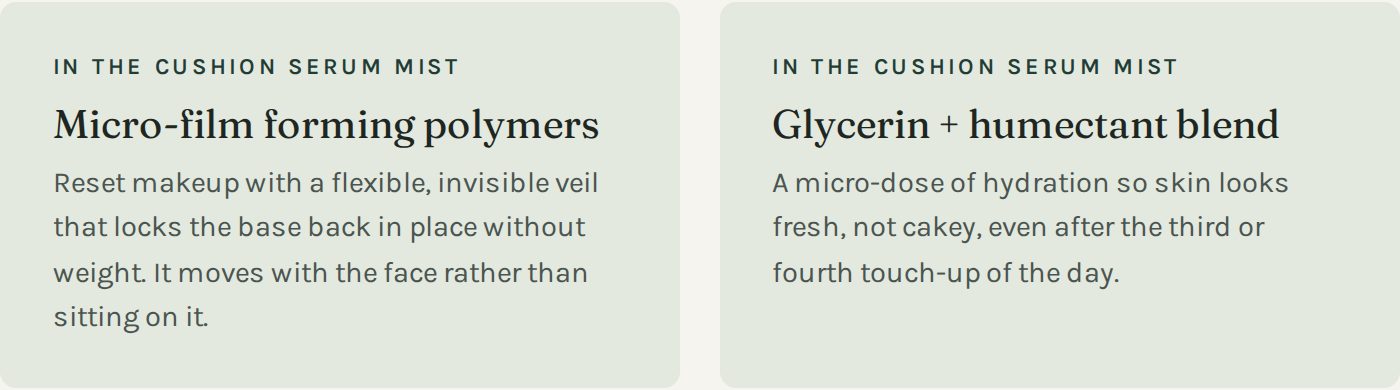 Two ingredient cards: micro-film forming polymers and a glycerin and humectant blend, each explained in one sentence