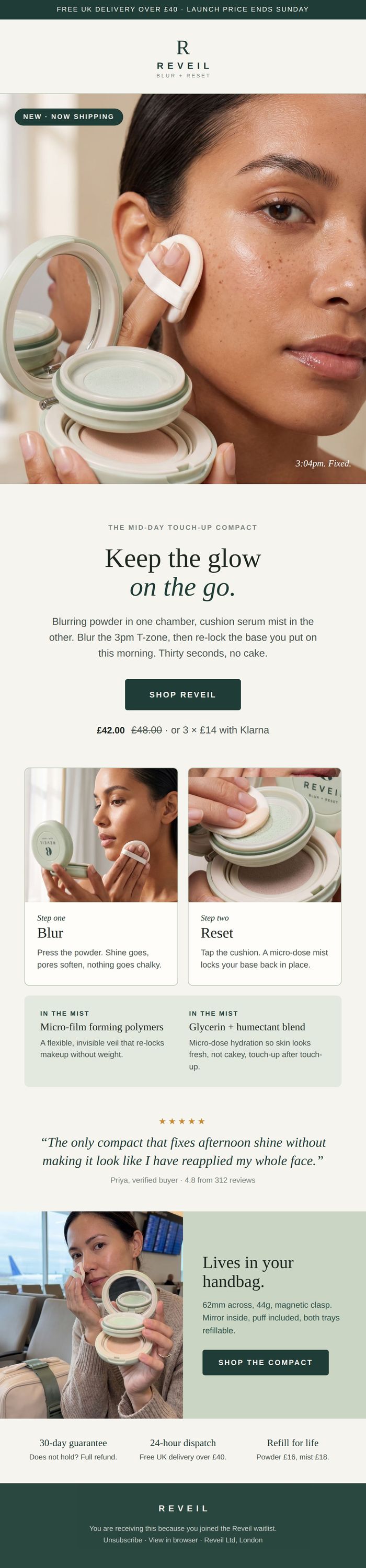 Reveil launch email: Keep the glow on the go, with the Blur and Reset steps, a review and the handbag section