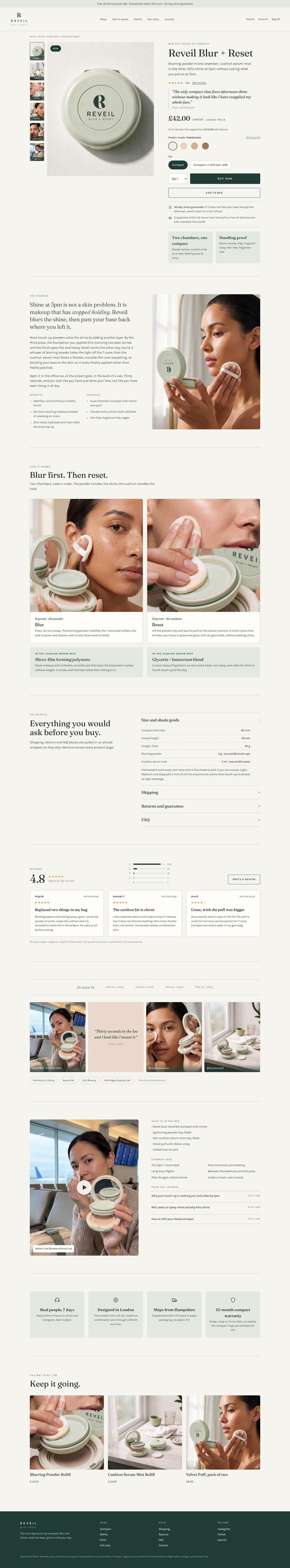 Full Reveil product page on desktop, from the buy box down to the footer