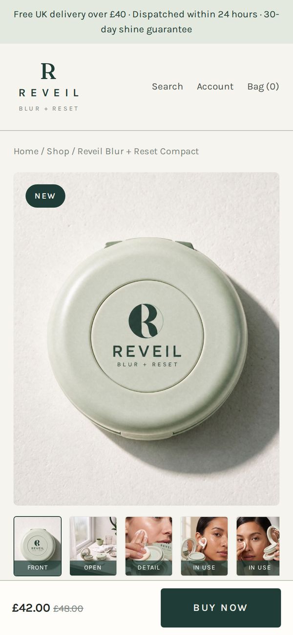 Reveil product page on a phone, with the sticky price and Buy Now bar at the bottom