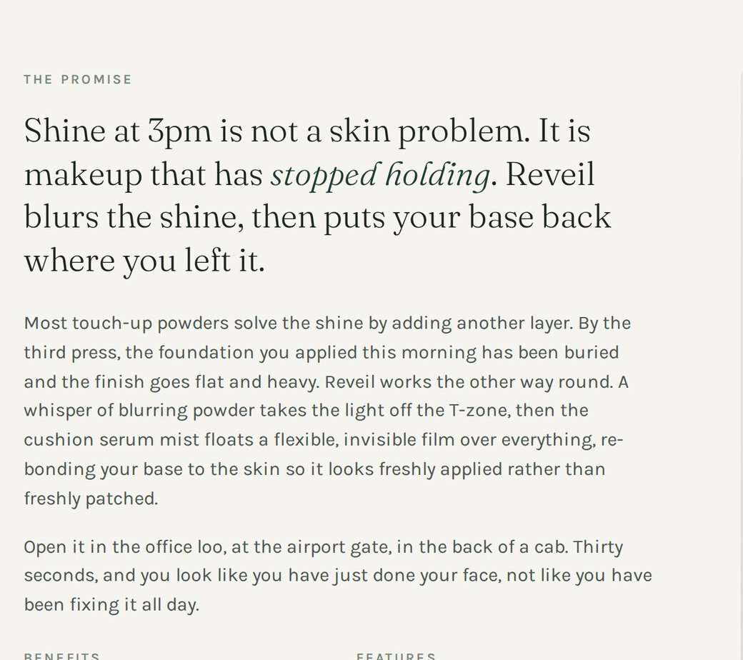 The promise section: Shine at 3pm is not a skin problem. It is makeup that has stopped holding.