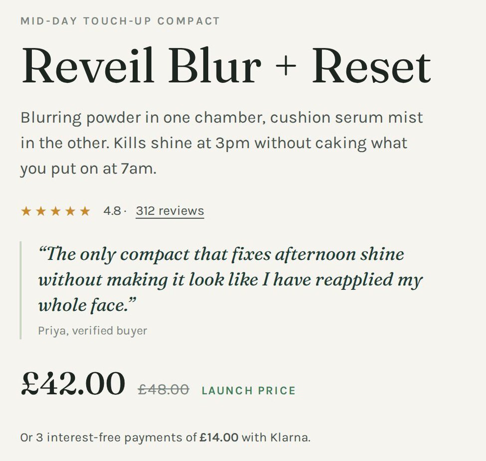 The buy box: product name, star rating, a one-line review in italics, then the price and Klarna line
