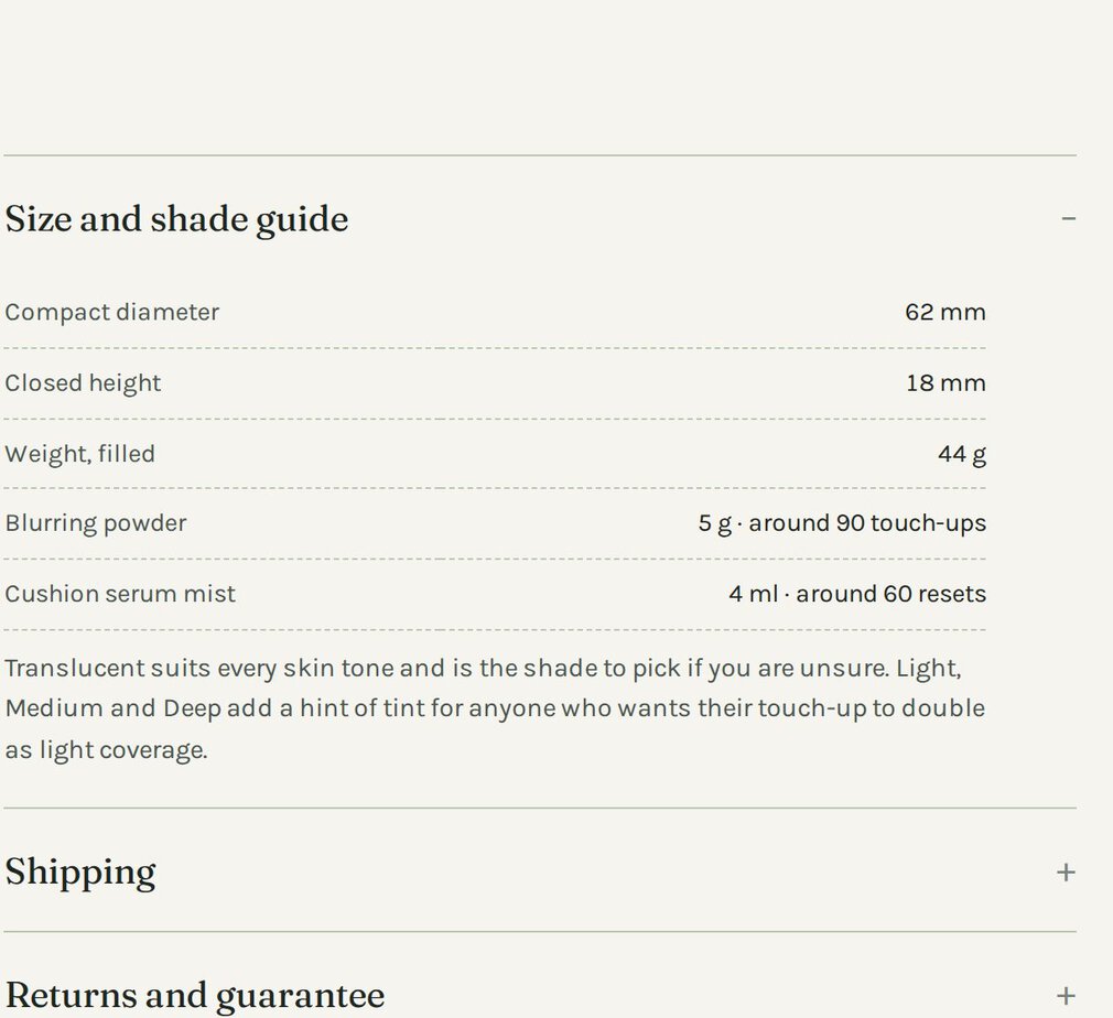 Accordion with the size and shade guide open, then Shipping, Returns and FAQ