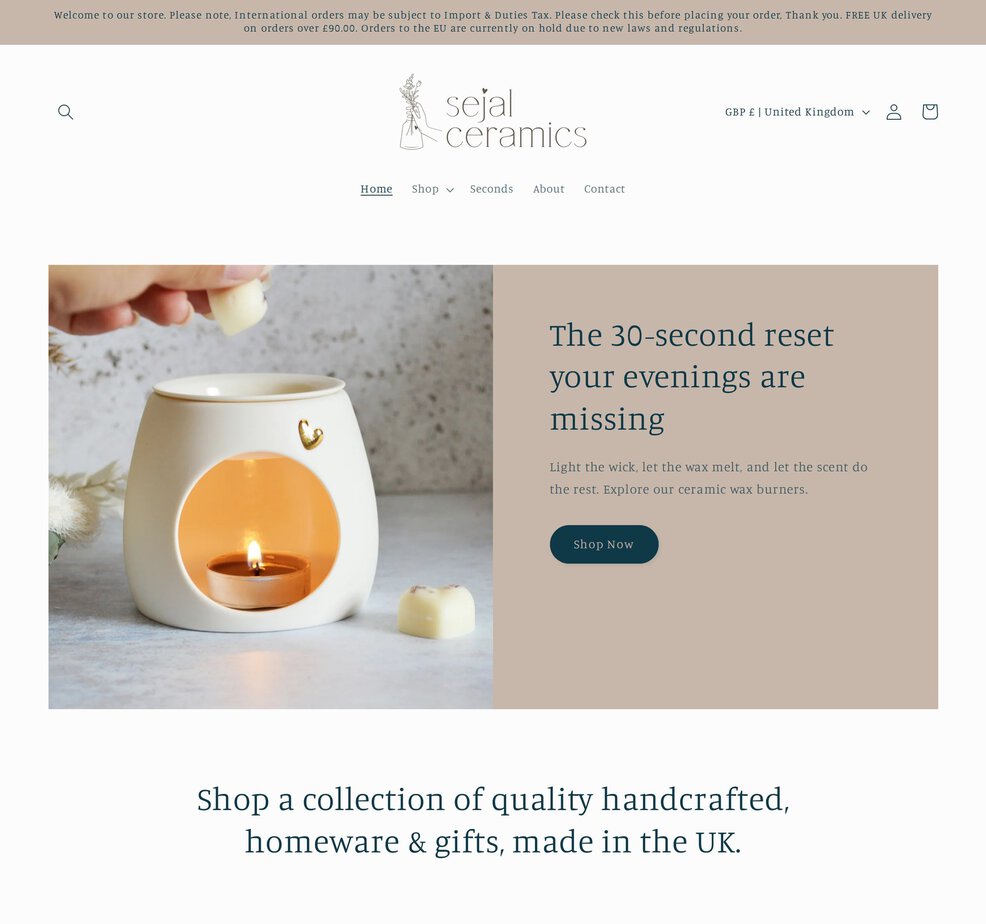Sejal Ceramics homepage after: wax burner hero with a Shop Now button