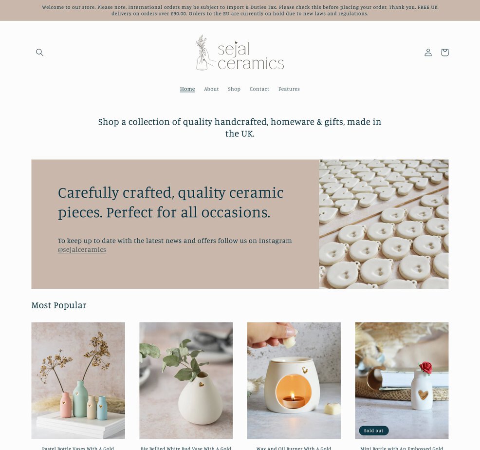 Sejal Ceramics homepage before: Instagram follow banner and a Most Popular row